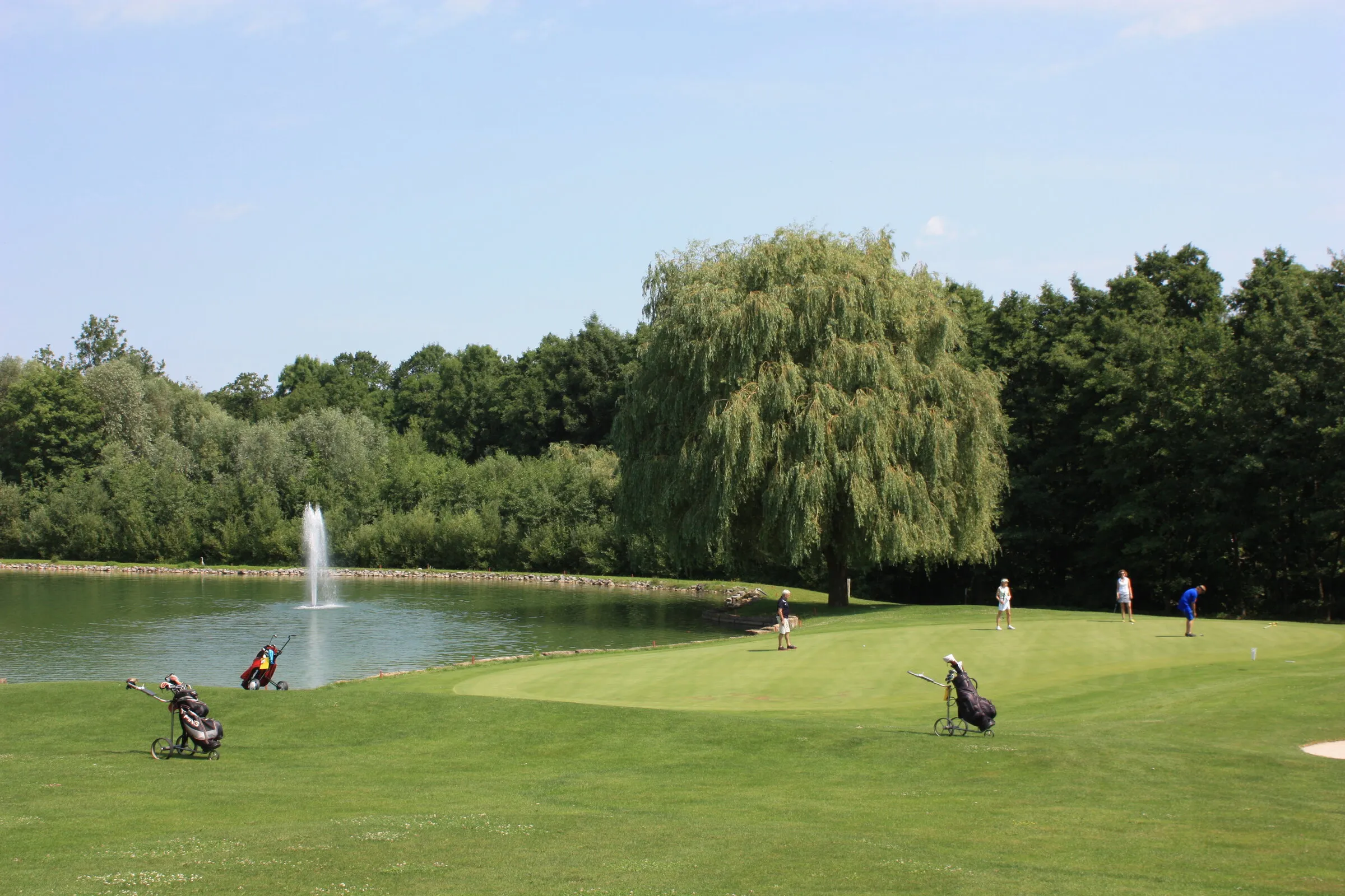 Sommertag am Teich mit Fontäne, Flights unterwegs auf dem Platz.